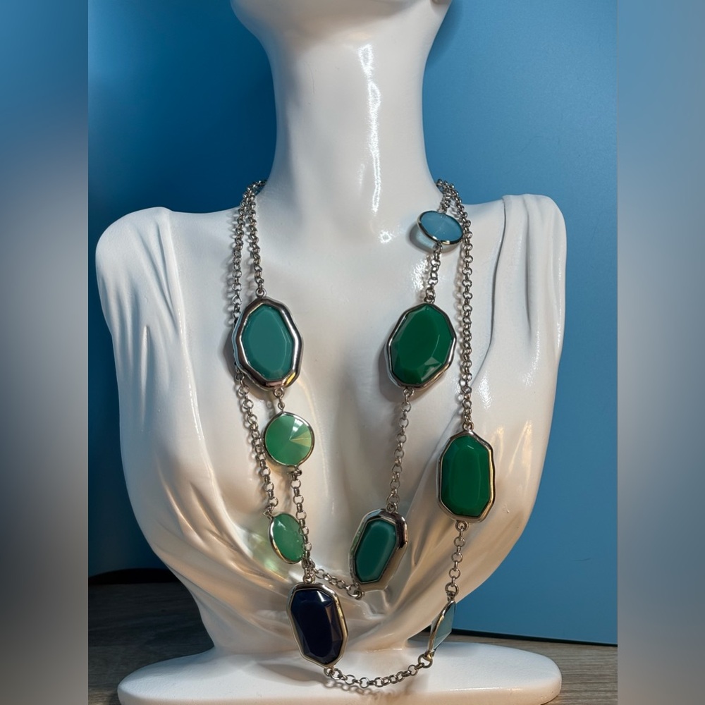 Vintage Premier Designs Long Green & Blue Silver Plated Necklace